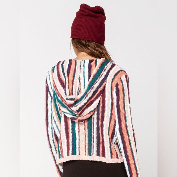 Roxy Tilly’s Exclusive Pink Teal White Red Vertical Striped Hooded Knit Sweater - Picture 3 of 16